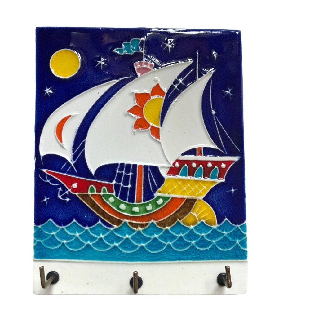 Vintage Luciano Saken Creazioni Italy Ceramic Key Holder Wall Tile Sailing Ship